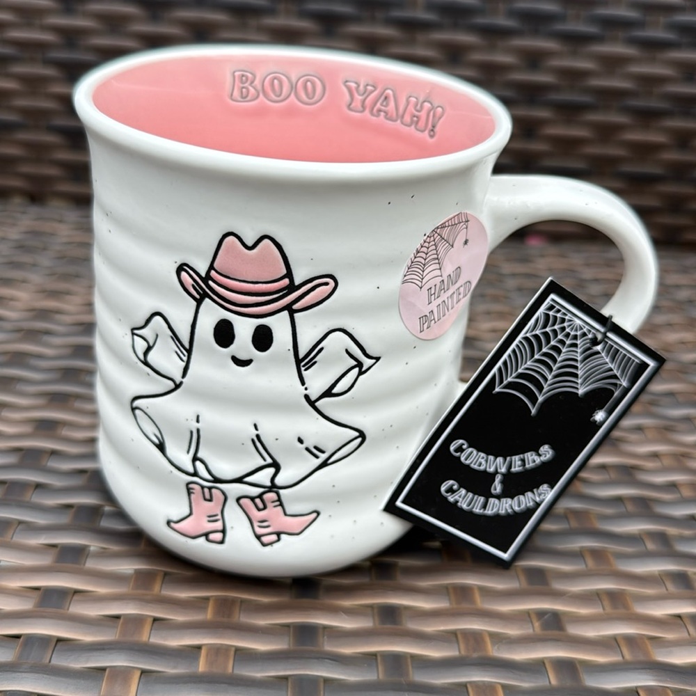 COBWEBS & CAULDRONS Pink Halloween‎ Cowgirl Ghost Double Sided Mug BOO YAH!